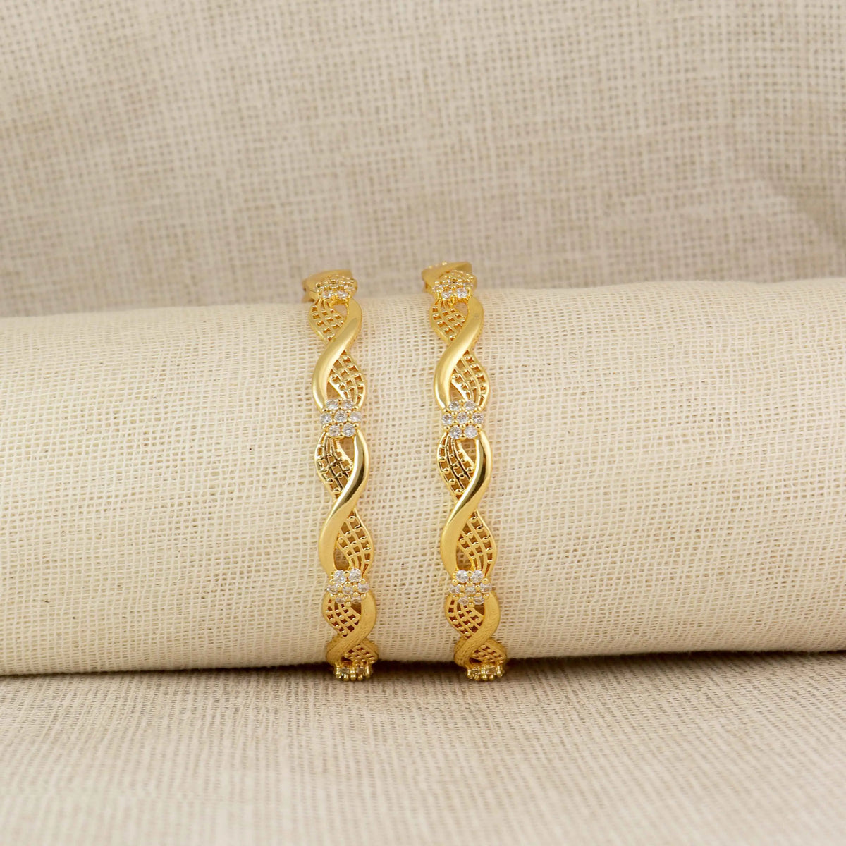Floral Wave Designer Bangles - Twisted Pattern Stone-Studded Kada Set