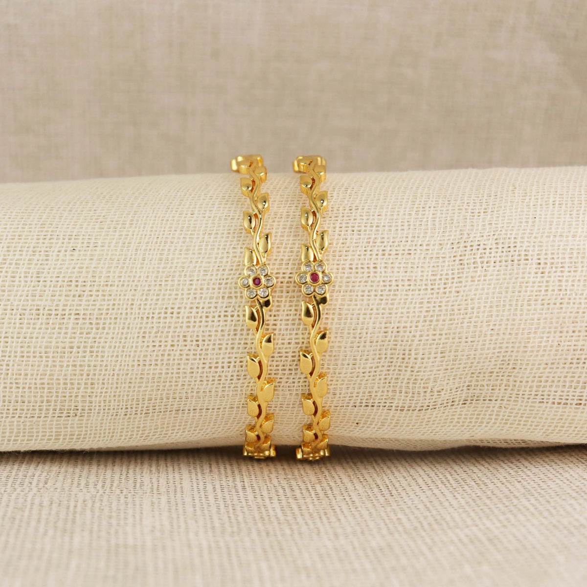 Gold Plated leaf  Bangles with Red Center Stone