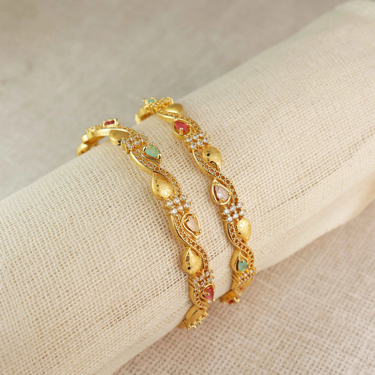 Navratna Sparkle  - Intertwined Gold Bangle Set