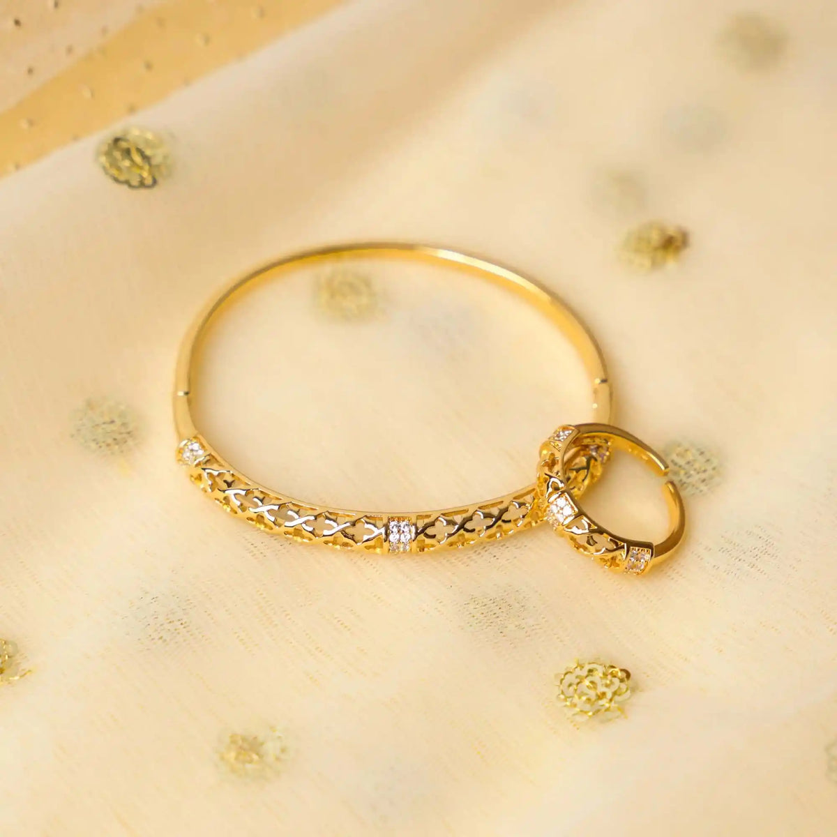 ShineCraft Combo – Gold-Tone Bracelet & Ring Set with Cutwork Pattern